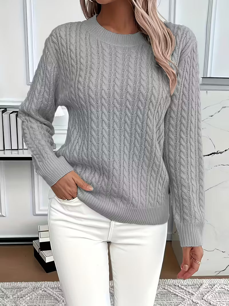 Maglione donna a trecce girocollo grigio