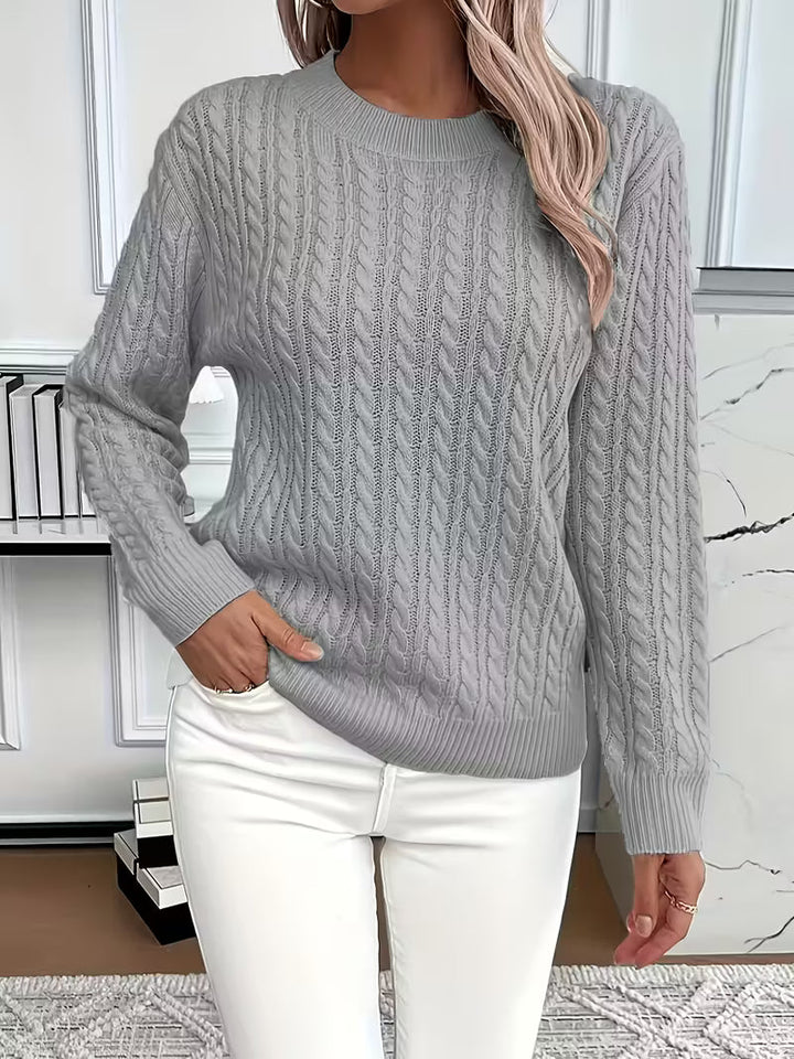 Maglione donna a trecce girocollo grigio