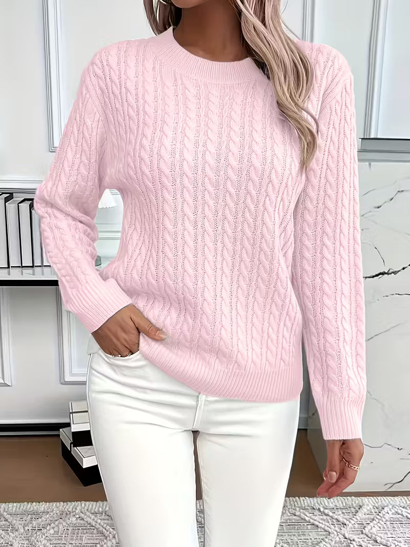 Maglione donna a trecce girocollo rosa