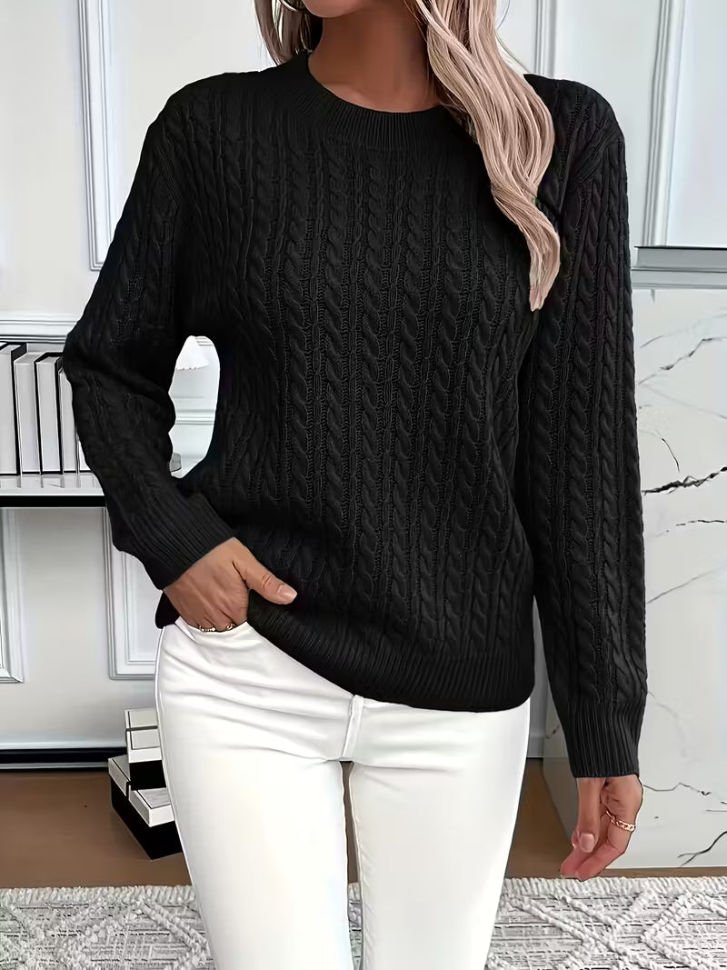 Maglione donna a trecce girocollo nero