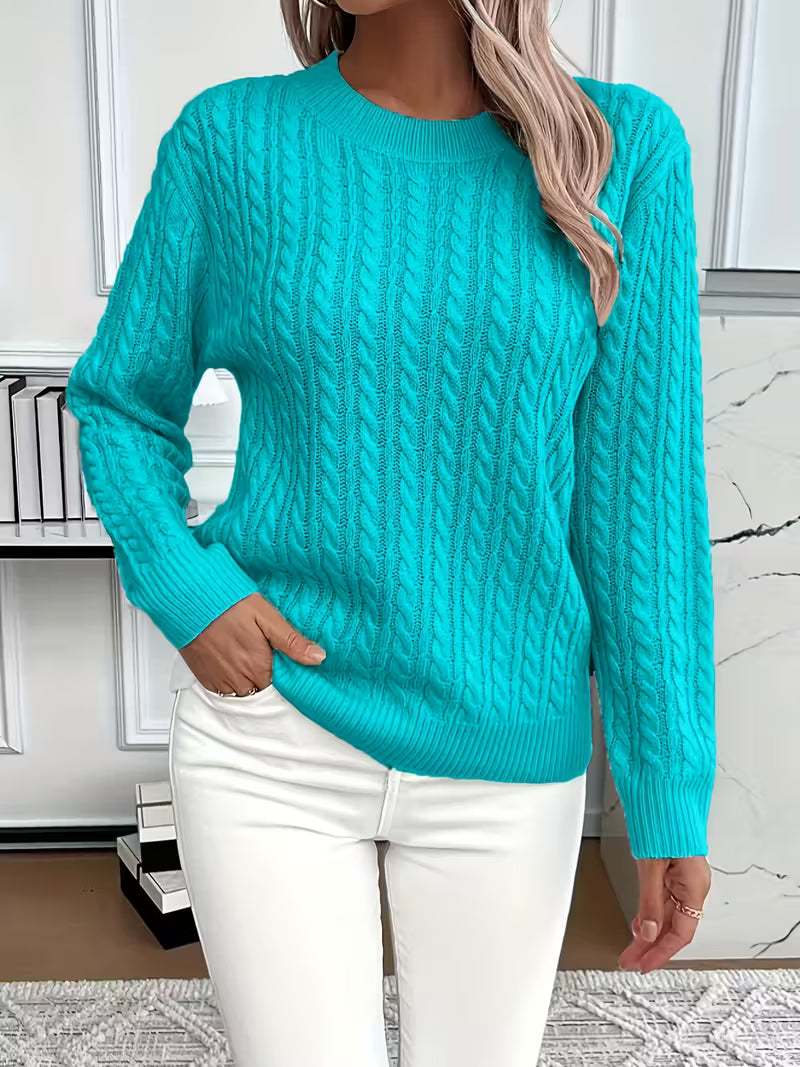 Maglione donna a trecce girocollo turchese