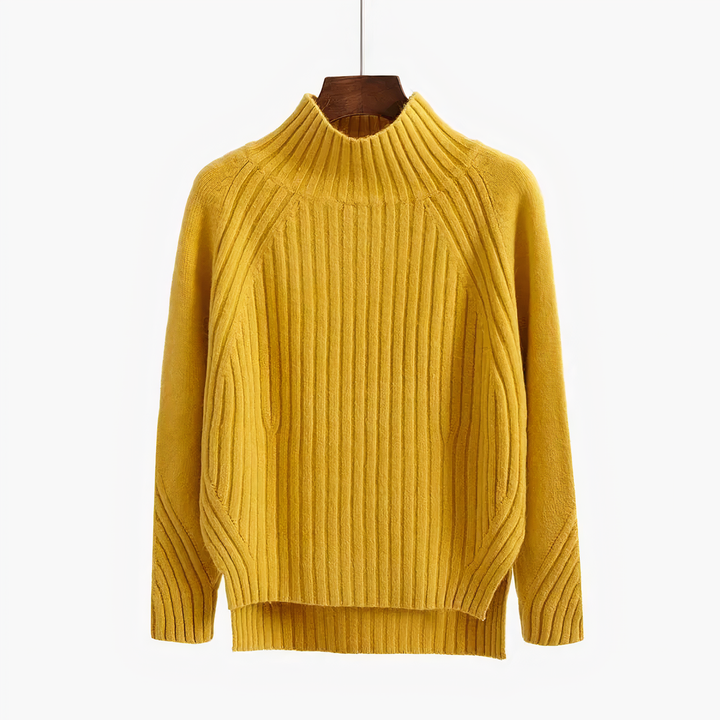 Maglione donna a trecce con collo alto giallo
