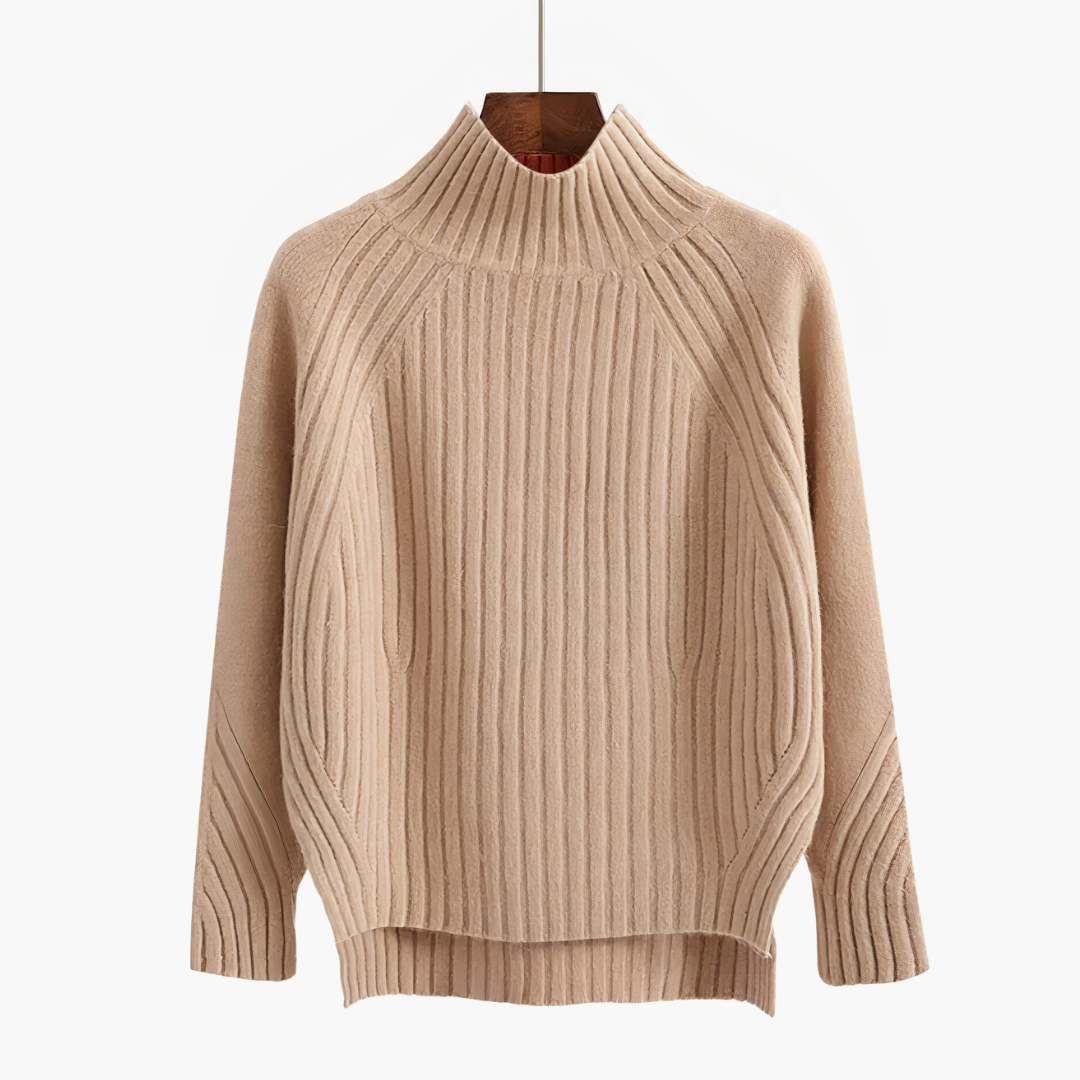 Maglione donna a trecce con collo alto beige