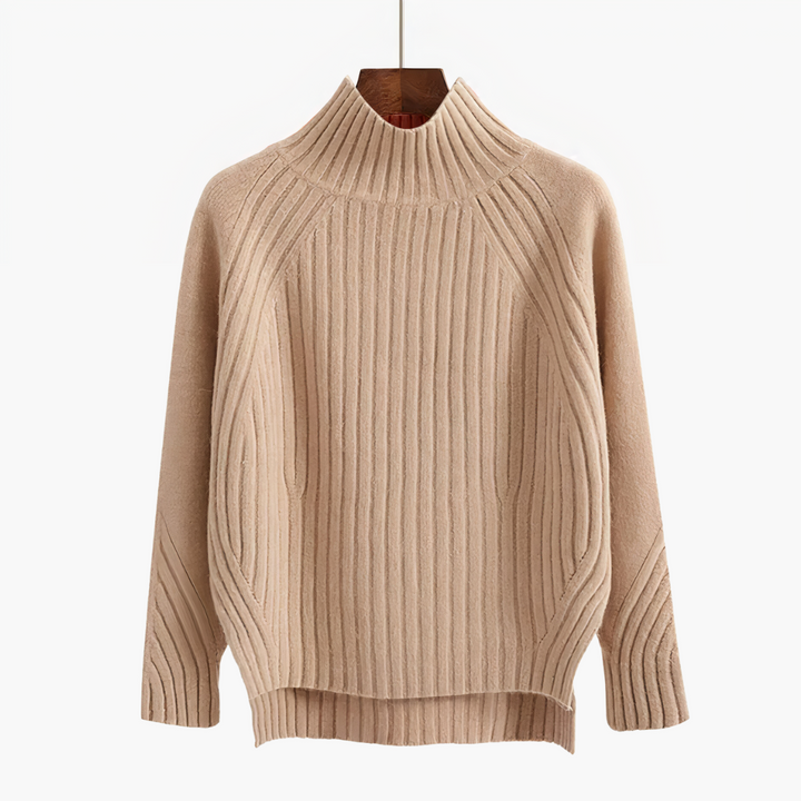 Maglione donna a trecce con collo alto beige