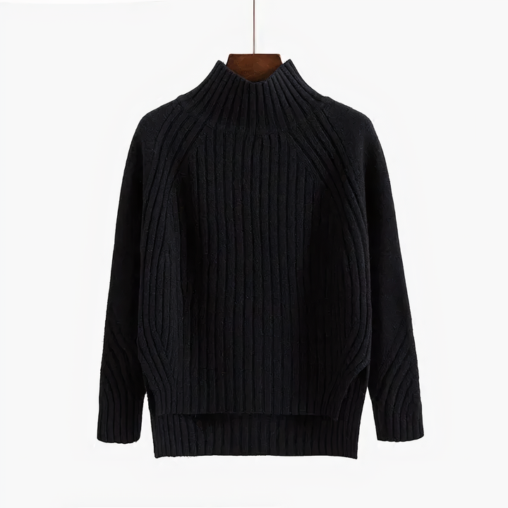 Maglione donna a trecce con collo alto nero