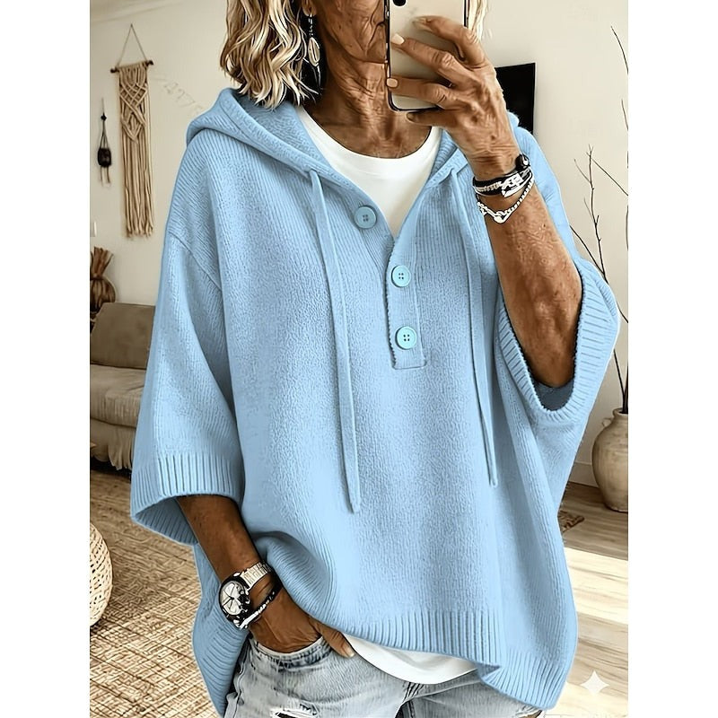 Maglione Donna con Cappuccio e Bottoni dalla Vestibilità Ampia in azzurro