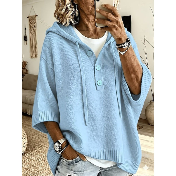 Maglione Donna con Cappuccio e Bottoni dalla Vestibilità Ampia in azzurro