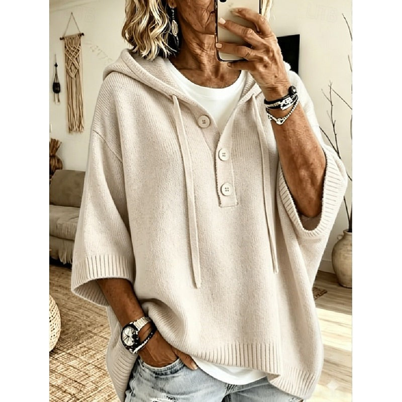Maglione Donna con Cappuccio e Bottoni dalla Vestibilità Ampia in bianco panna