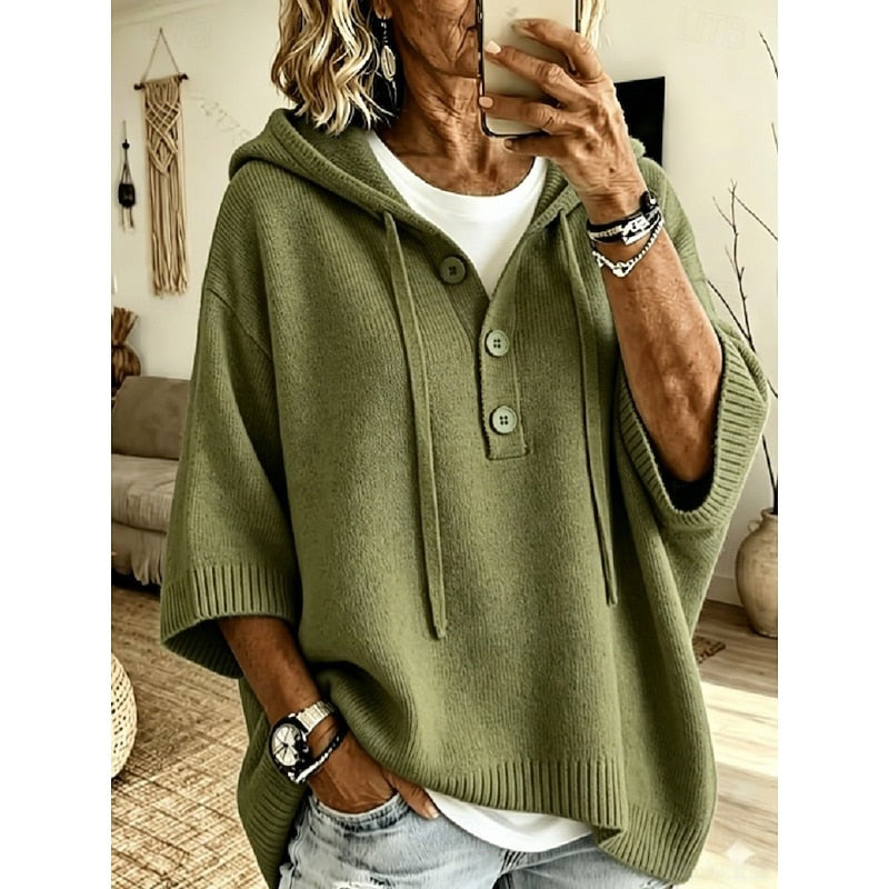 Maglione Donna con Cappuccio e Bottoni dalla Vestibilità Ampia in verde militare