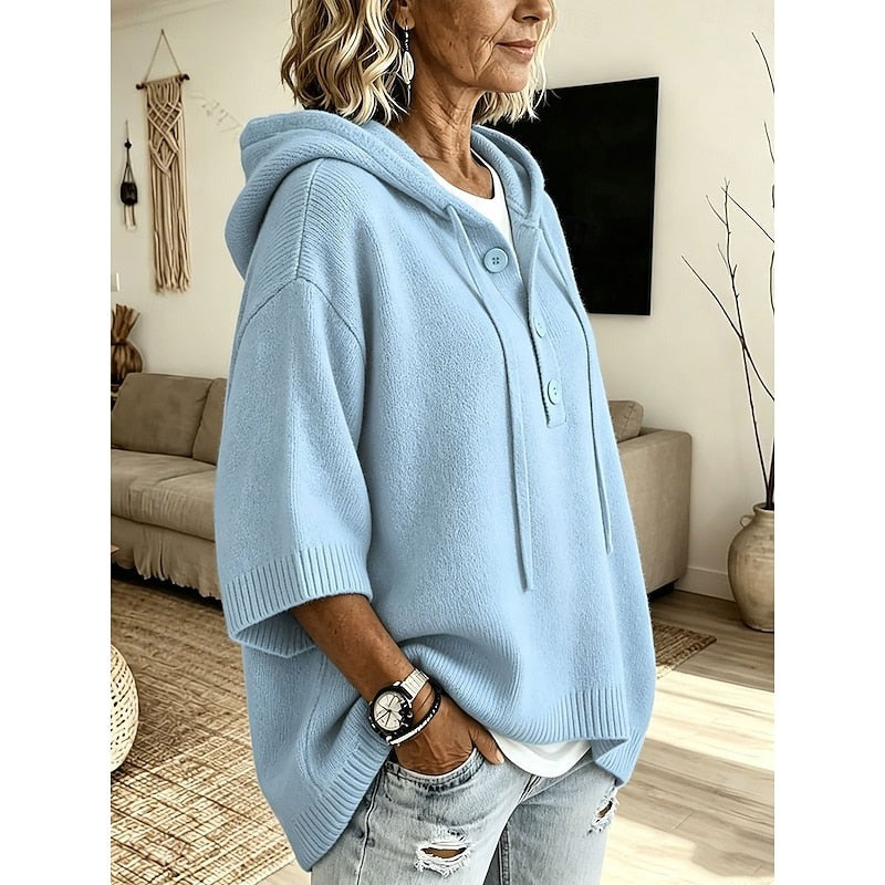 Maglione Donna con Cappuccio e Bottoni dalla Vestibilità Ampia in azzurro, vista laterale