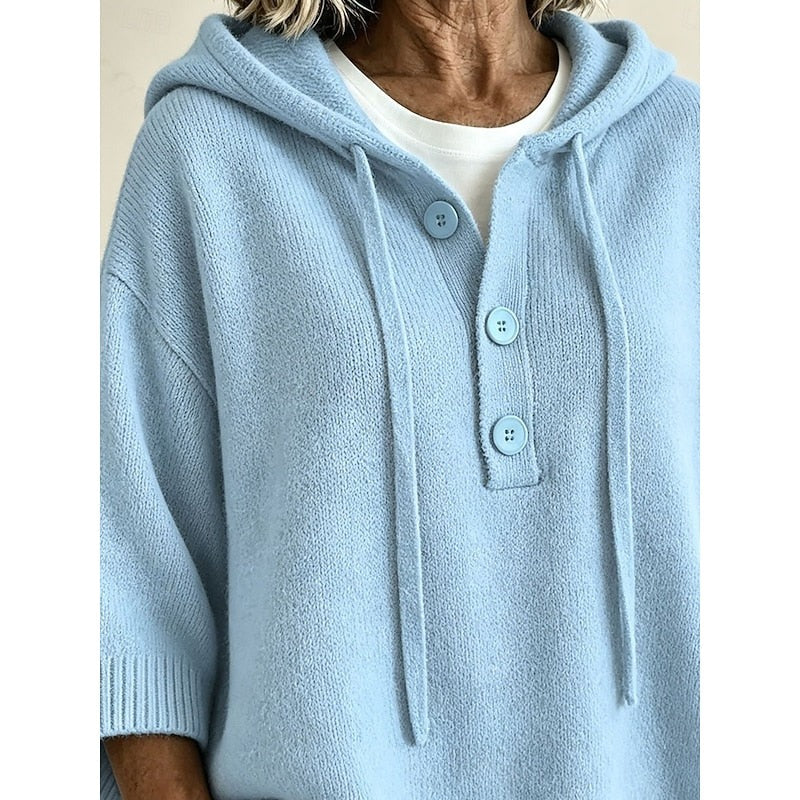 Maglione Donna con Cappuccio e Bottoni dalla Vestibilità Ampia in azzurro, dettaglio dei bottoni