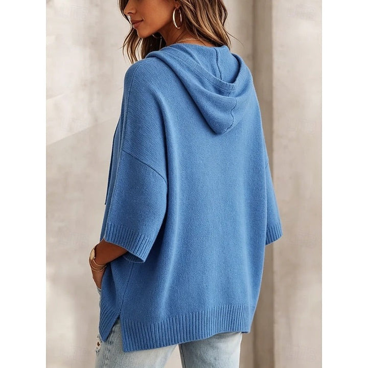 Maglione Donna con Cappuccio e Maniche Ampie con Spacchi Laterali in blu, vista posteriore