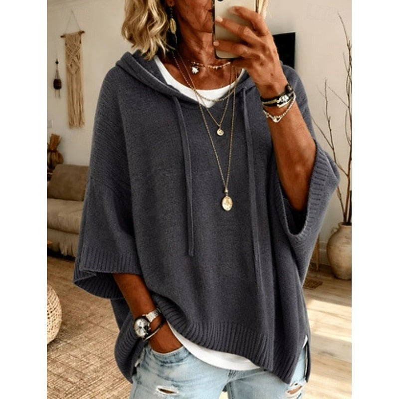 Maglione Donna con Cappuccio e Maniche Ampie con Spacchi Laterali in grigio scuro