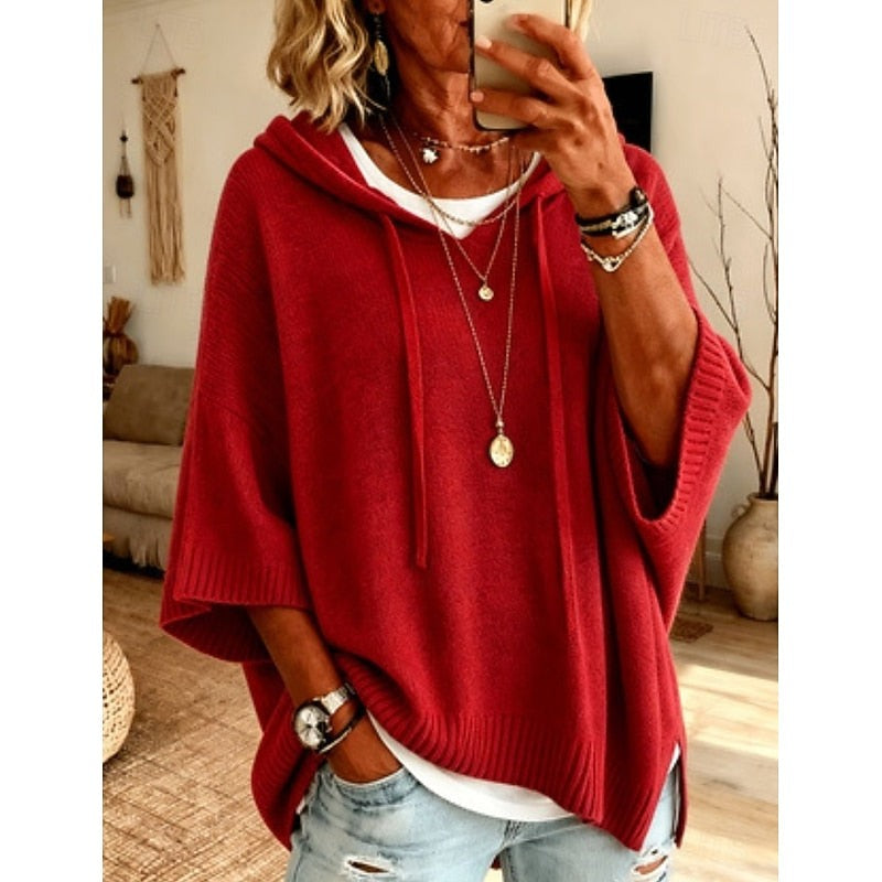 Maglione Donna con Cappuccio e Maniche Ampie con Spacchi Laterali in rosso