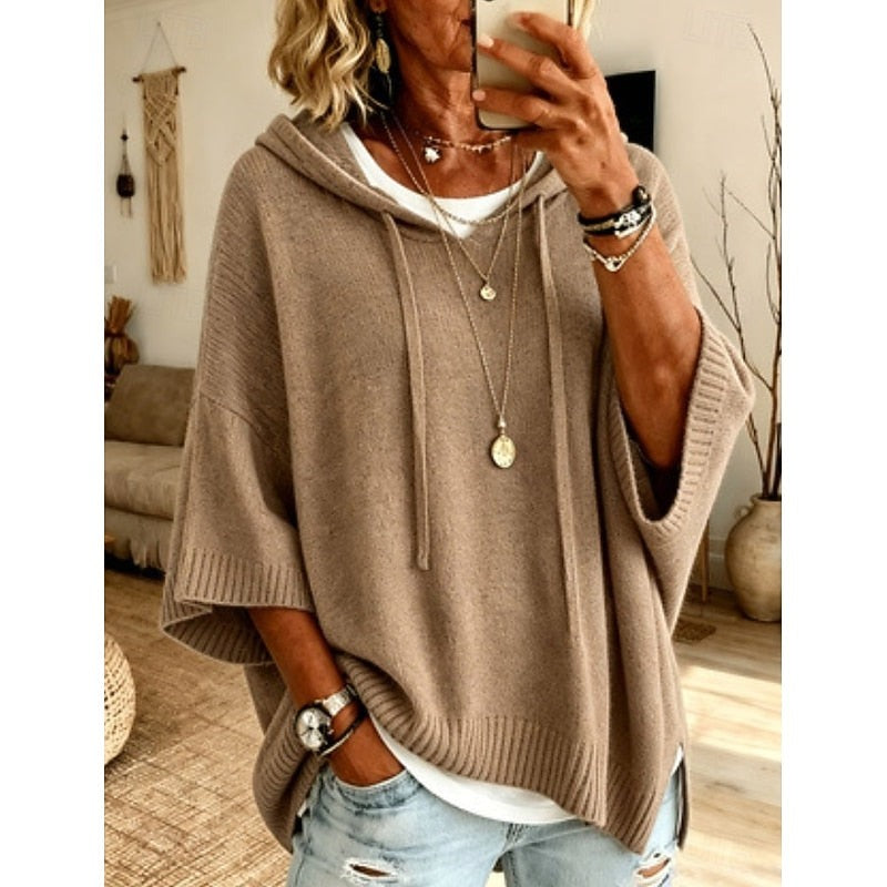 Maglione Donna con Cappuccio e Maniche Ampie con Spacchi Laterali in cachi