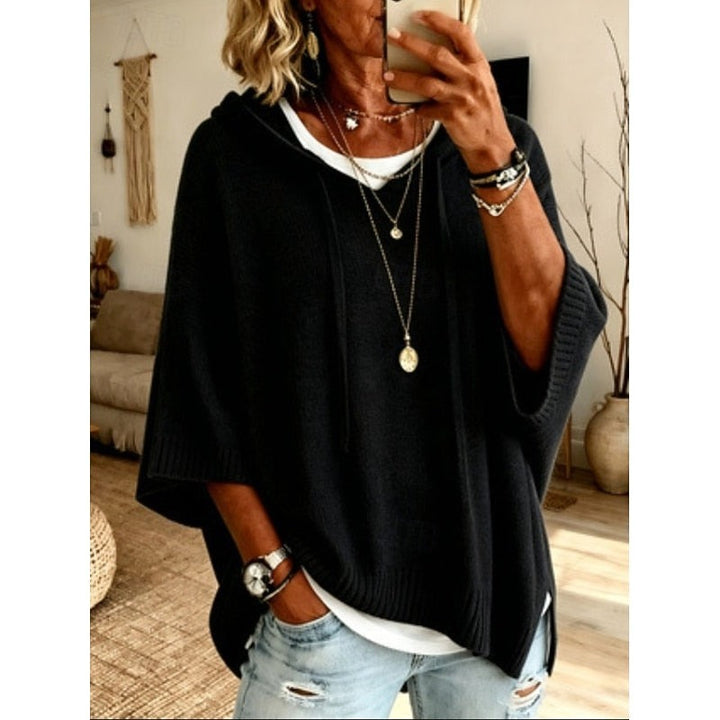Maglione Donna con Cappuccio e Maniche Ampie con Spacchi Laterali in nero