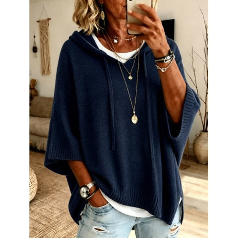 Maglione Donna con Cappuccio e Maniche Ampie con Spacchi Laterali in blu navy