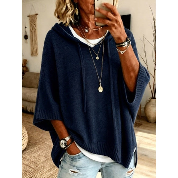Maglione Donna con Cappuccio e Maniche Ampie con Spacchi Laterali in blu navy