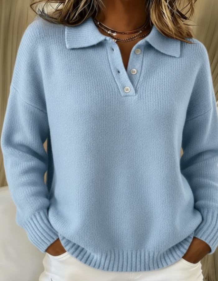 Maglione donna con colletto polo e bottoni azzurro