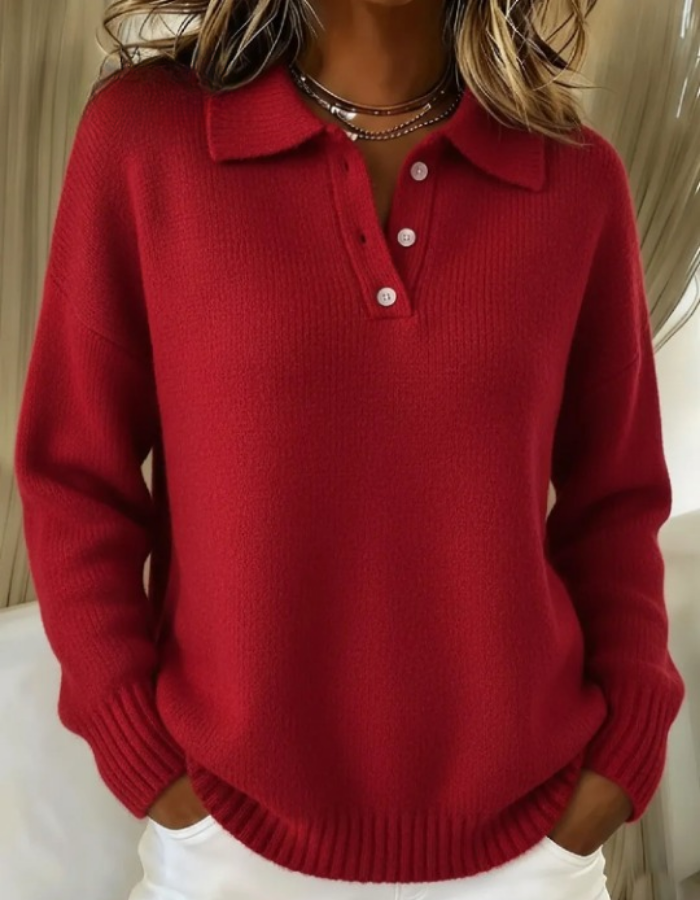 Maglione donna con colletto polo e bottoni rosso