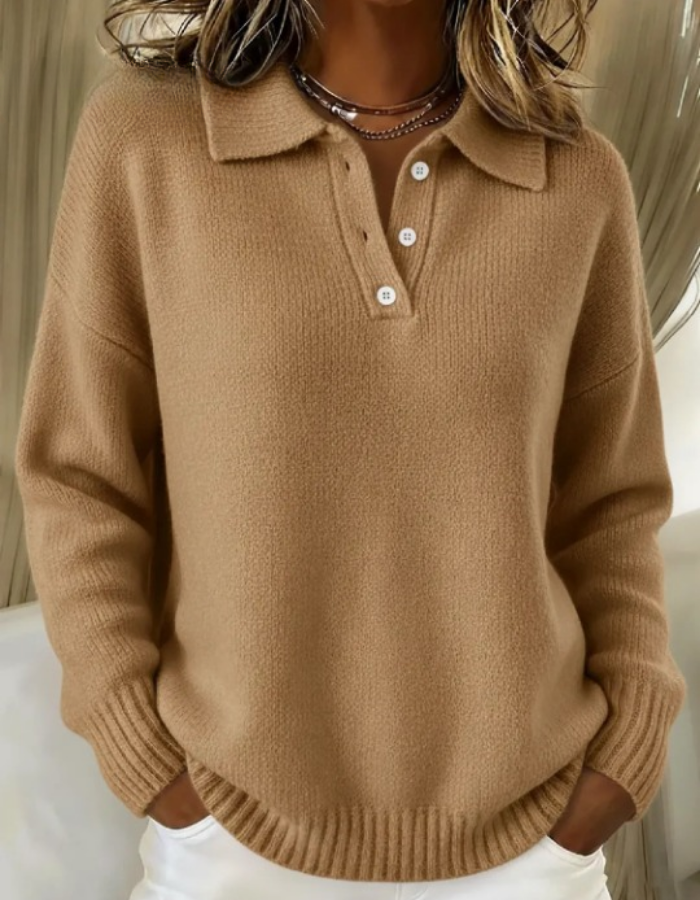 Maglione donna con colletto polo e bottoni cammello