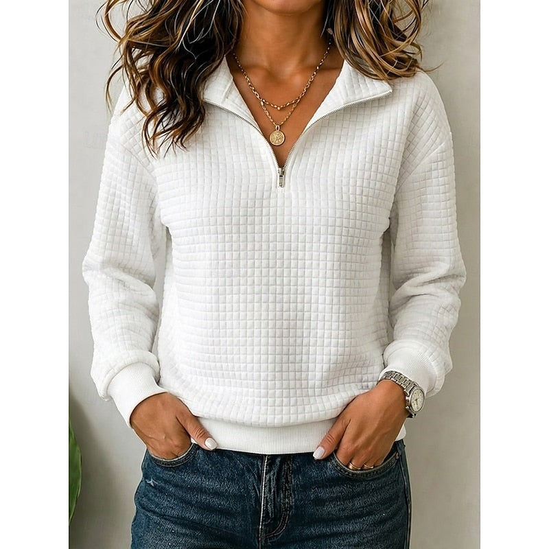 Maglione Donna con Mezza Zip e Trama a Nido d'Ape in bianco