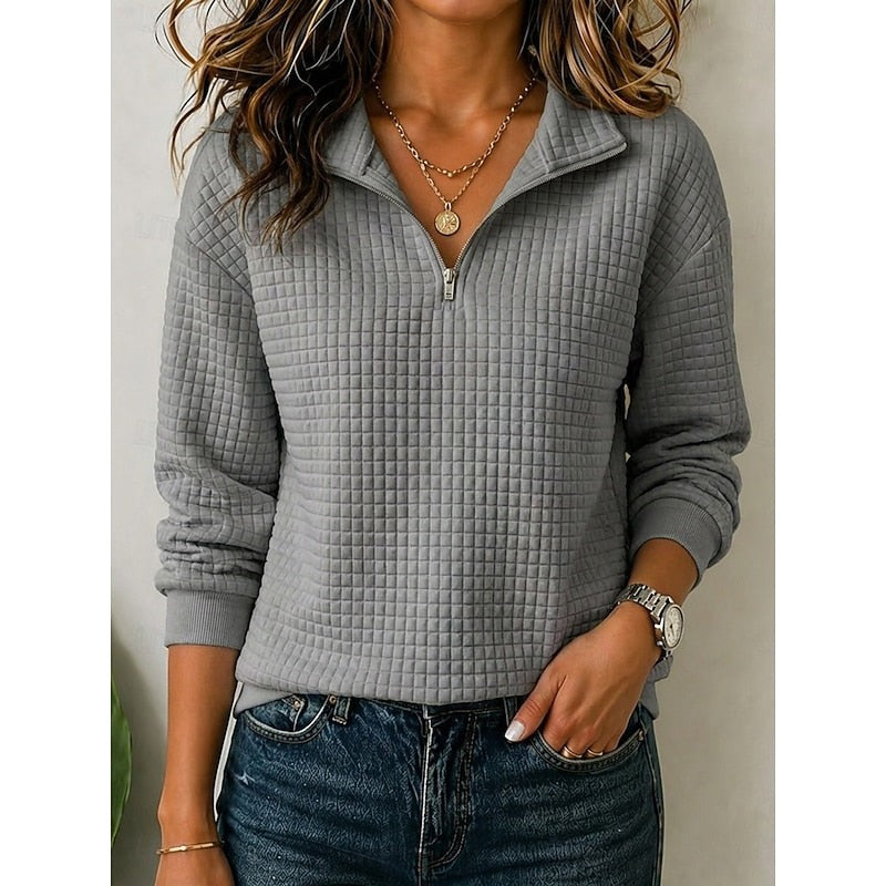Maglione Donna con Mezza Zip e Trama a Nido d'Ape in grigio