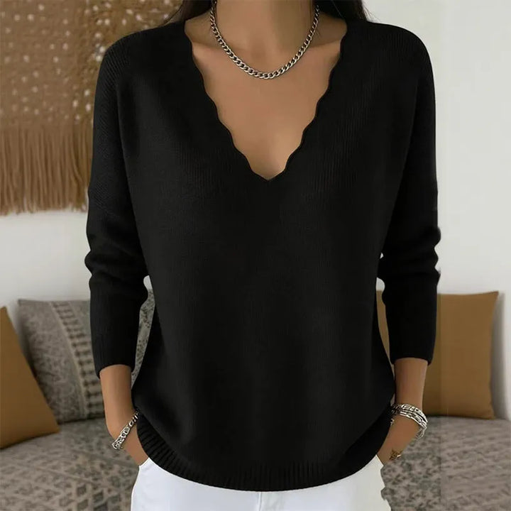 Maglione donna con scollo a V smerlato nero