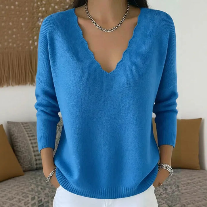 Maglione donna con scollo a V smerlato blu