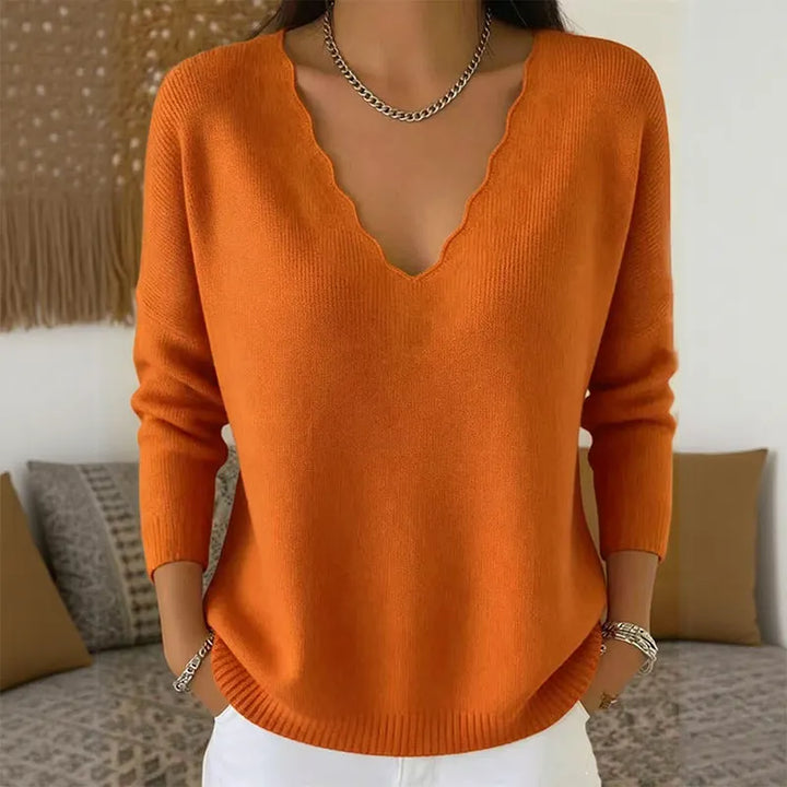 Maglione donna con scollo a V smerlato arancione