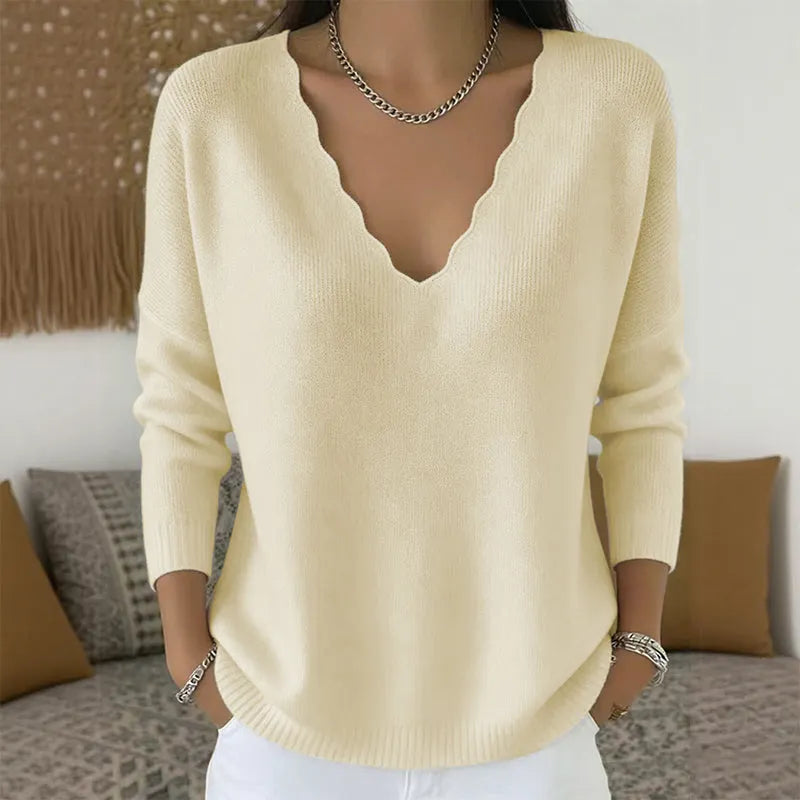 Maglione donna con scollo a V smerlato albicocca