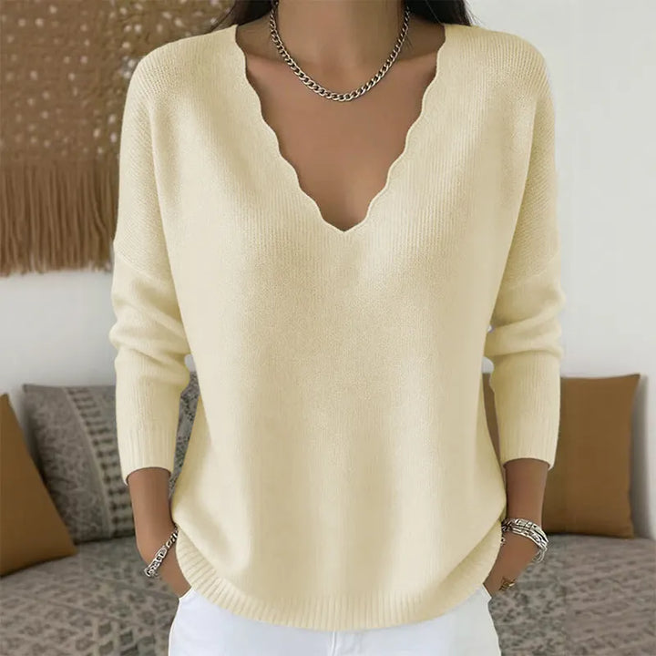 Maglione donna con scollo a V smerlato albicocca