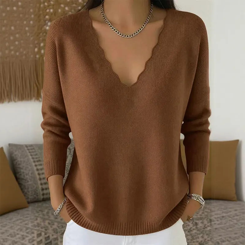 Maglione donna con scollo a V smerlato marrone