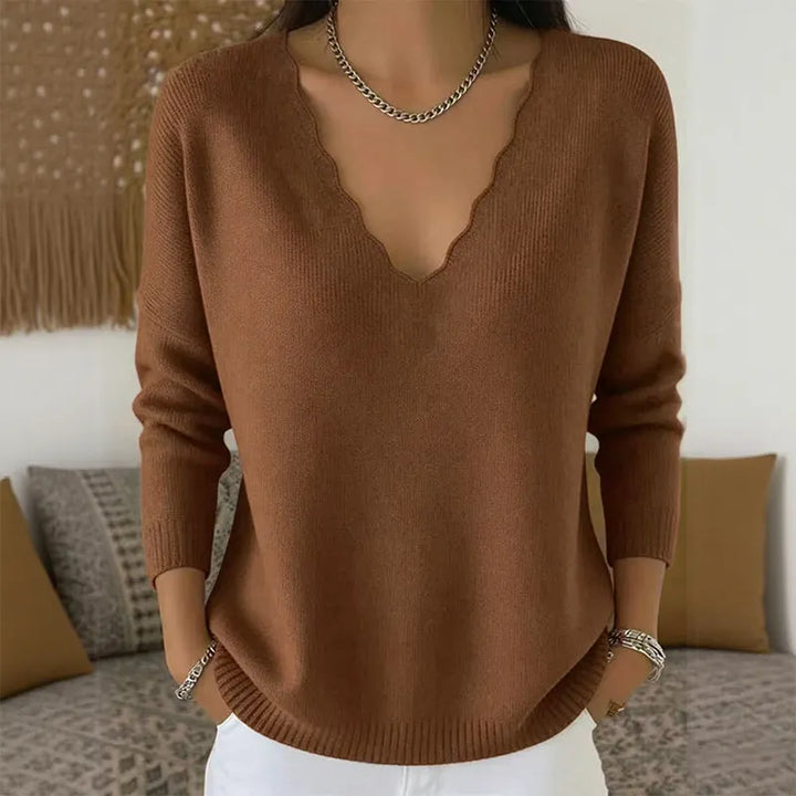 Maglione donna con scollo a V smerlato marrone