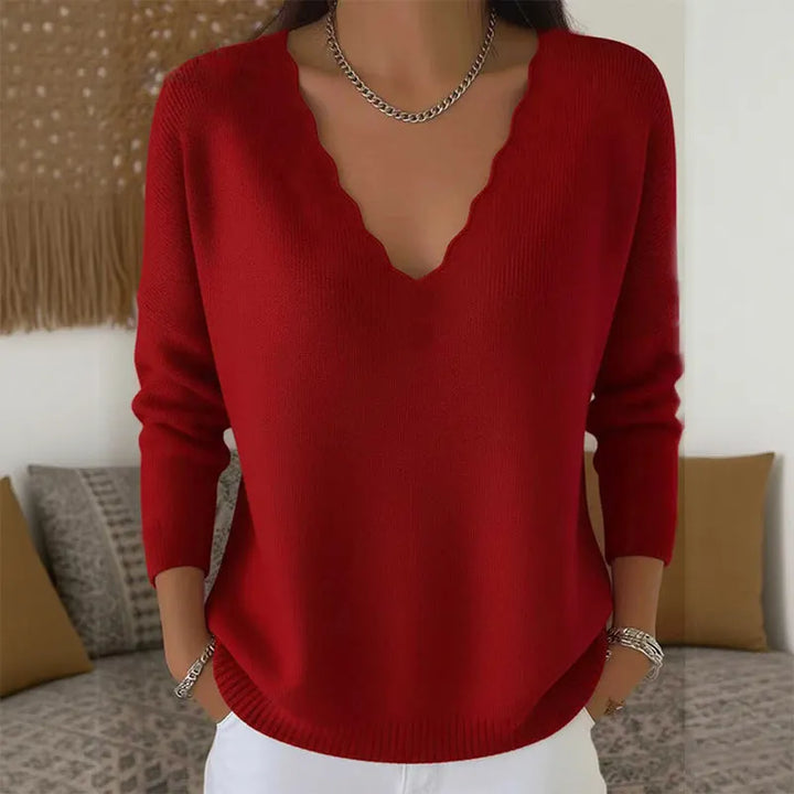 Maglione donna con scollo a V smerlato rosso
