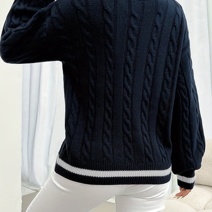 Maglione Donna con Scollo a V, Trecce e Bordi a Contrasto in blu navy, vista posteriore