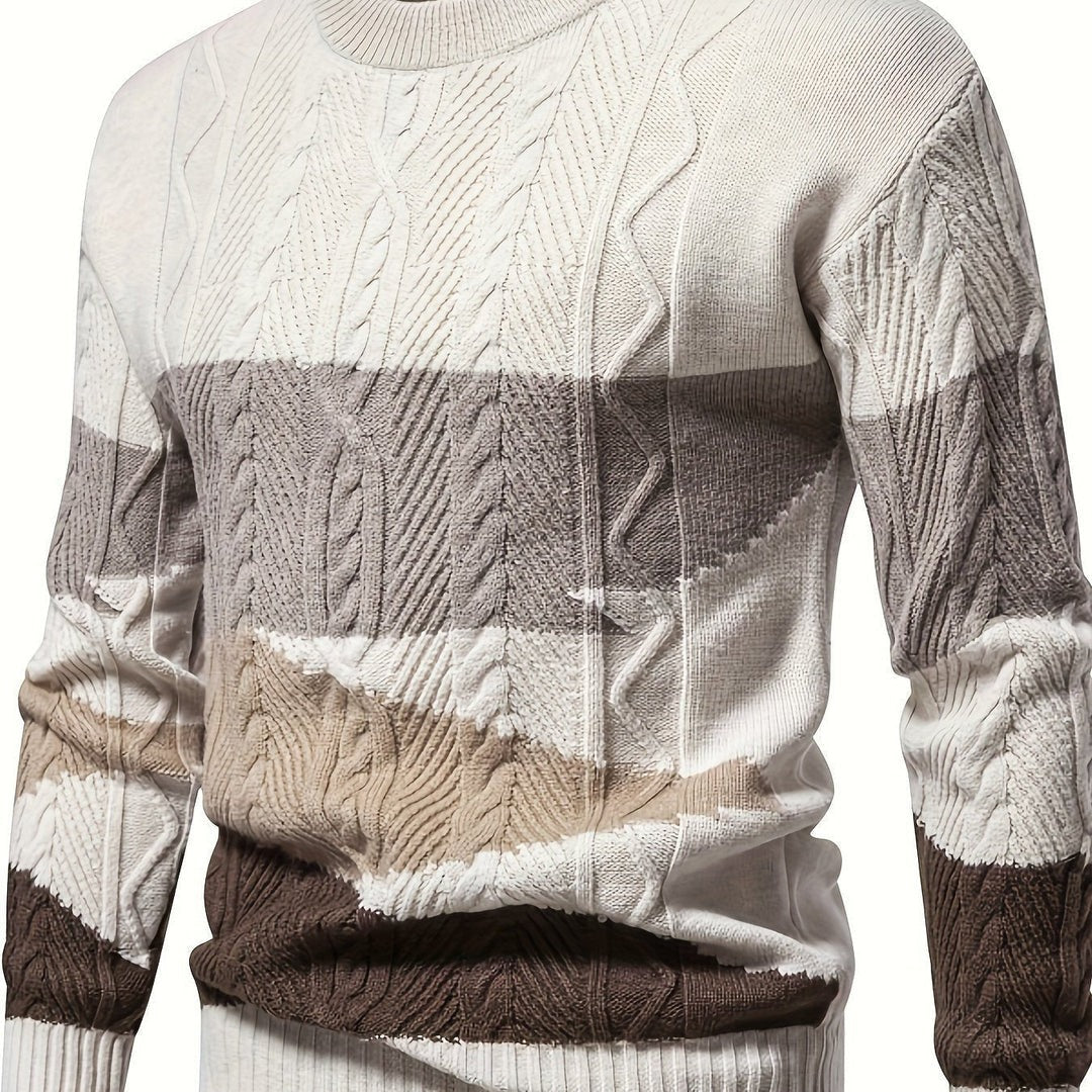 Maglione Uomo Girocollo a Trecce con Blocchi di Colore