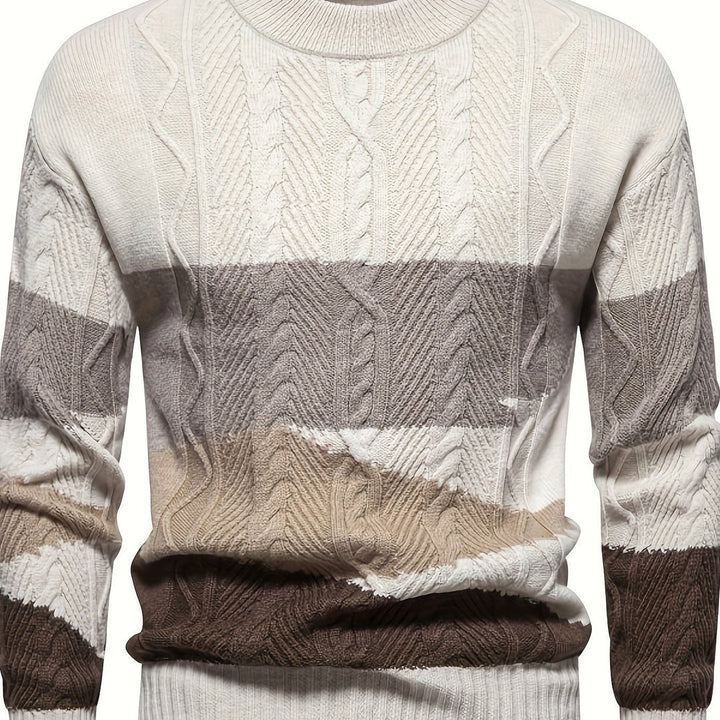 Maglione Uomo Girocollo a Trecce con Blocchi di Colore in beige, vista intera
