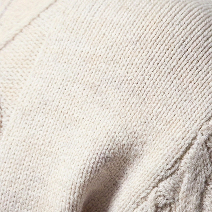 Maglione Uomo Girocollo a Trecce con Blocchi di Colore in beige, dettaglio del tessuto