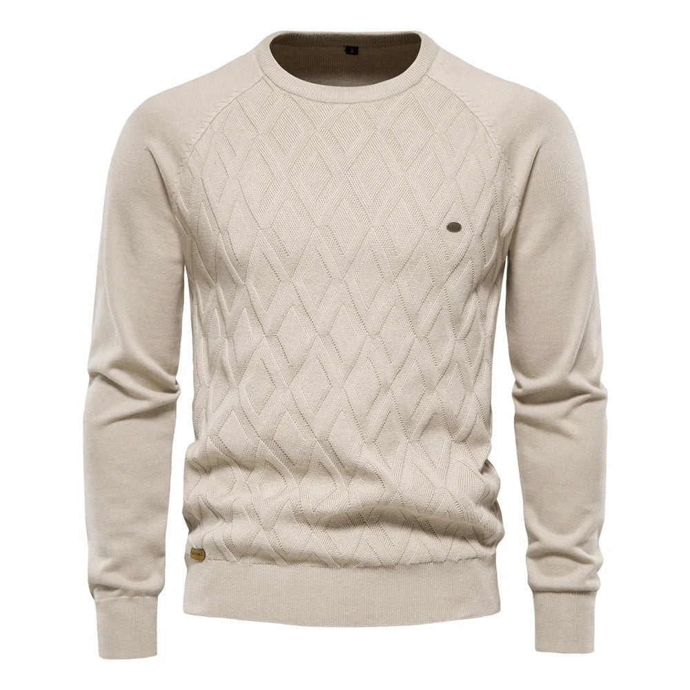 Maglione Uomo Girocollo con Motivo a Rombi in beige, vista frontale