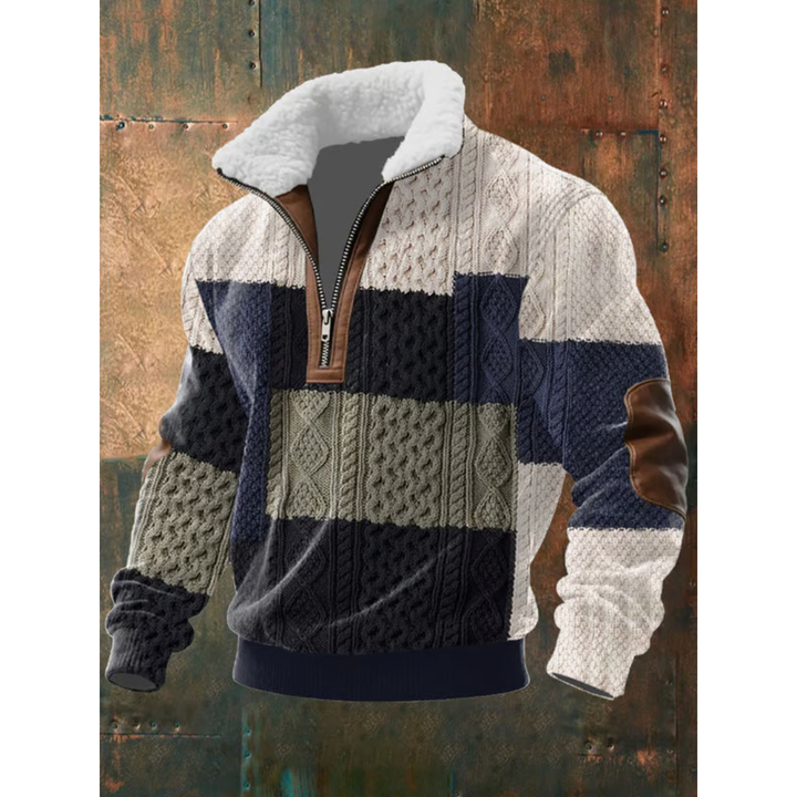 Maglione uomo con mezza zip in pile nero e blu