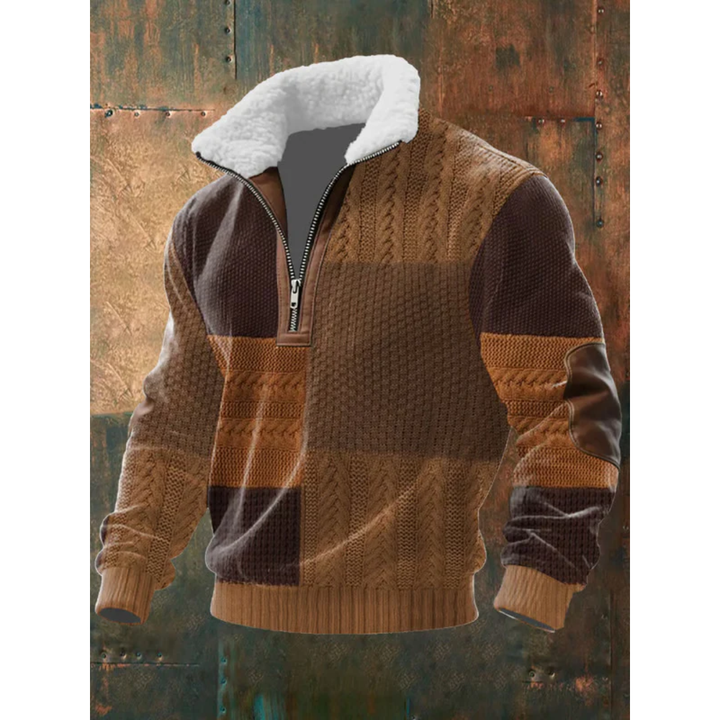 Maglione uomo con mezza zip in pile marrone scuro
