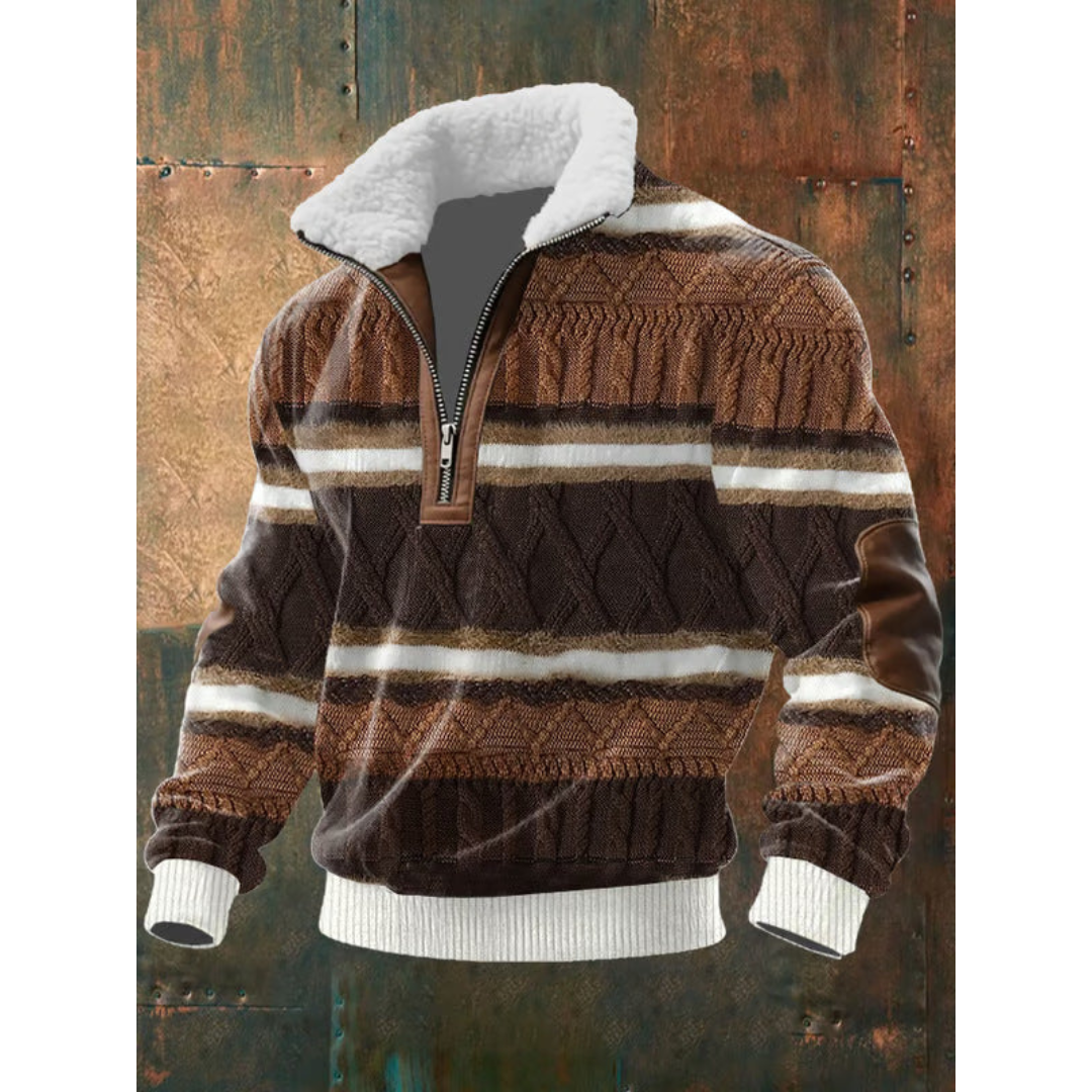 Maglione uomo con mezza zip in pile marrone e bianco