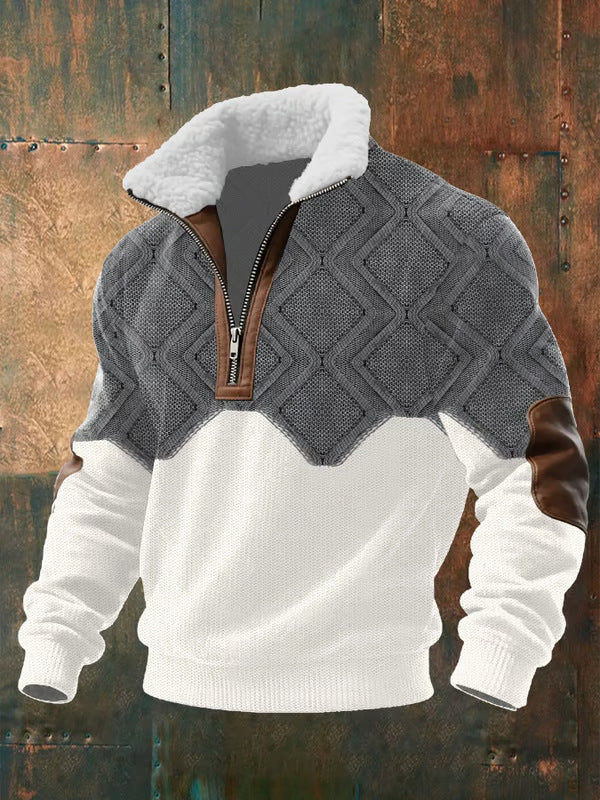 Maglione uomo con mezza zip in pile grigio e bianco