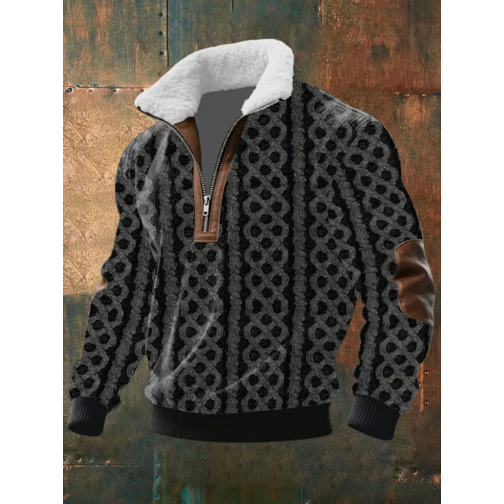 Maglione uomo con mezza zip in pile nero e marrone