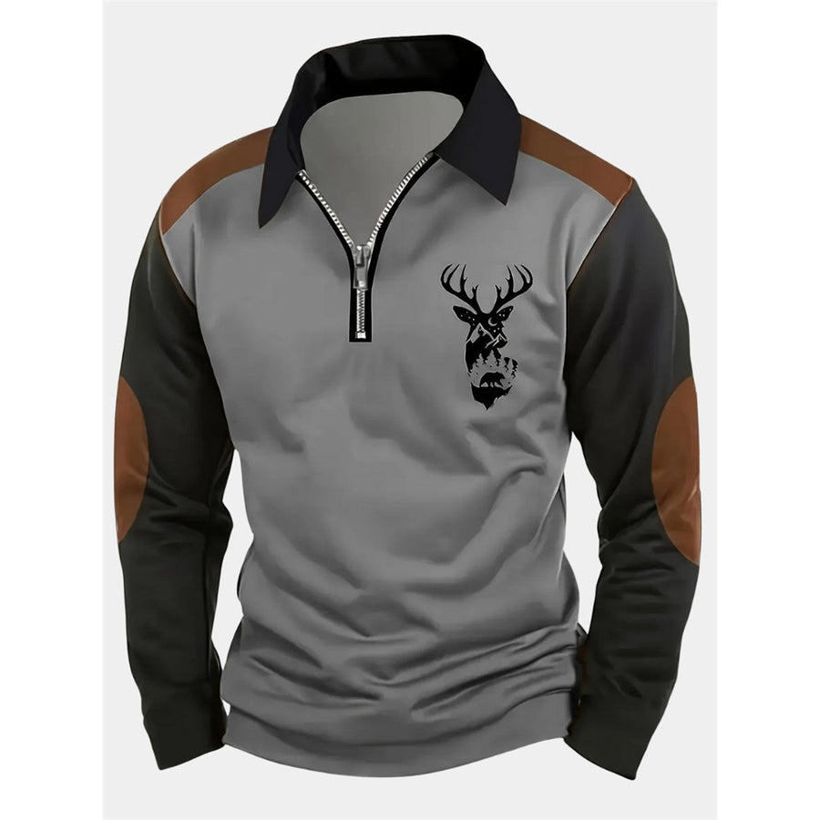 Herrenpullover mit halbem Reißverschluss, Ellbogenpatches und aufgedrucktem Hirsch für den Herbst