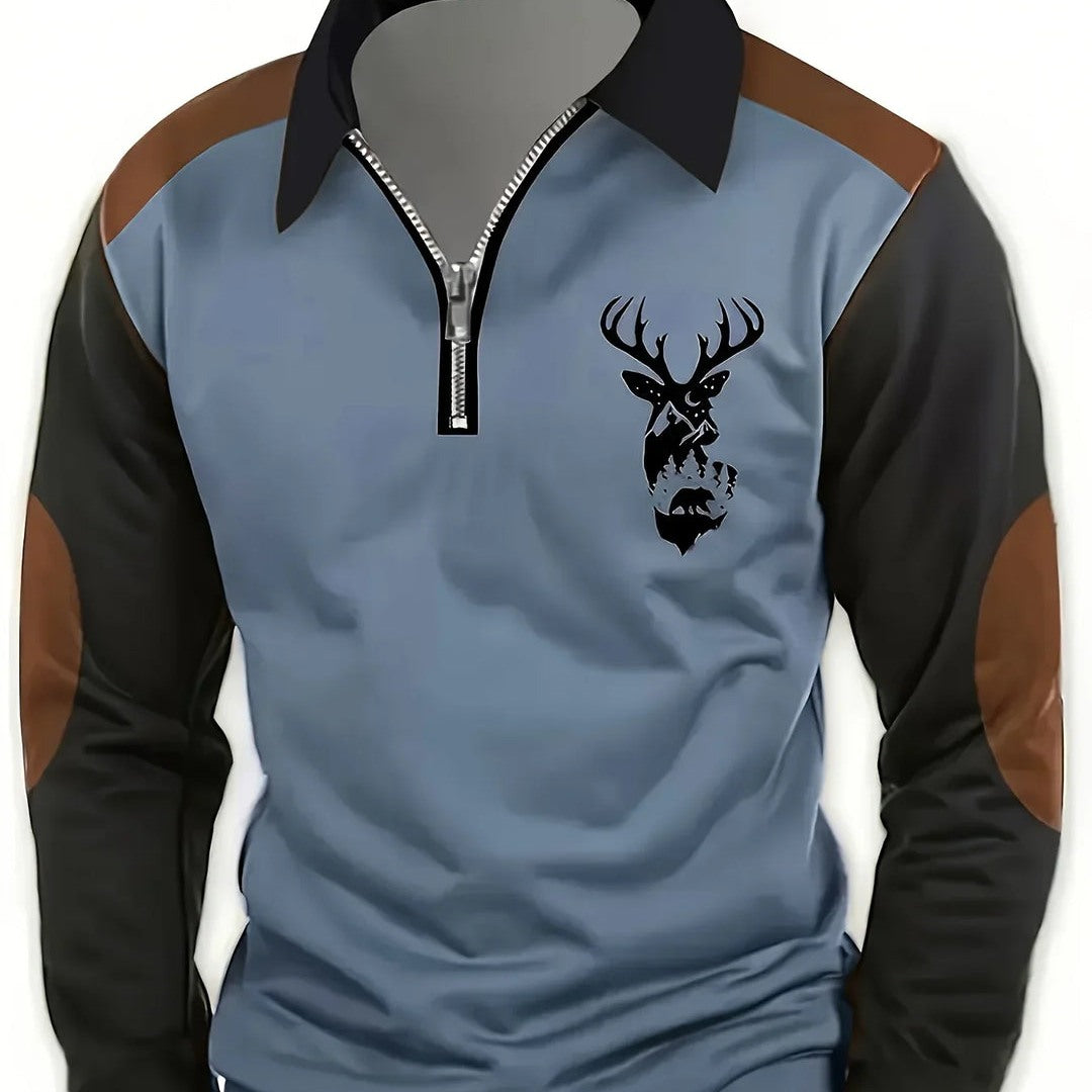 Maglione Uomo con Mezza Zip, Toppe sui Gomiti e Cervo Stampato in blu