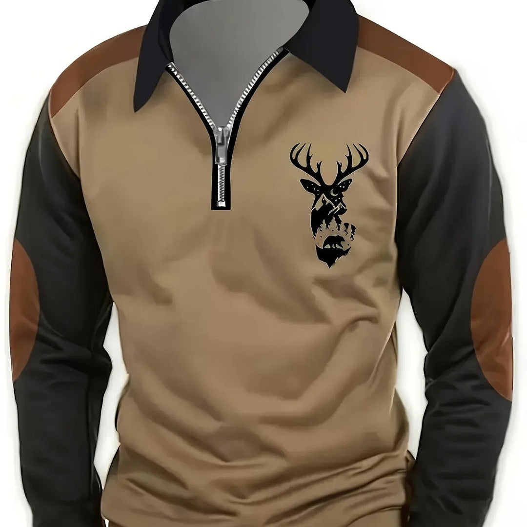 Maglione Uomo con Mezza Zip, Toppe sui Gomiti e Cervo Stampato in marrone