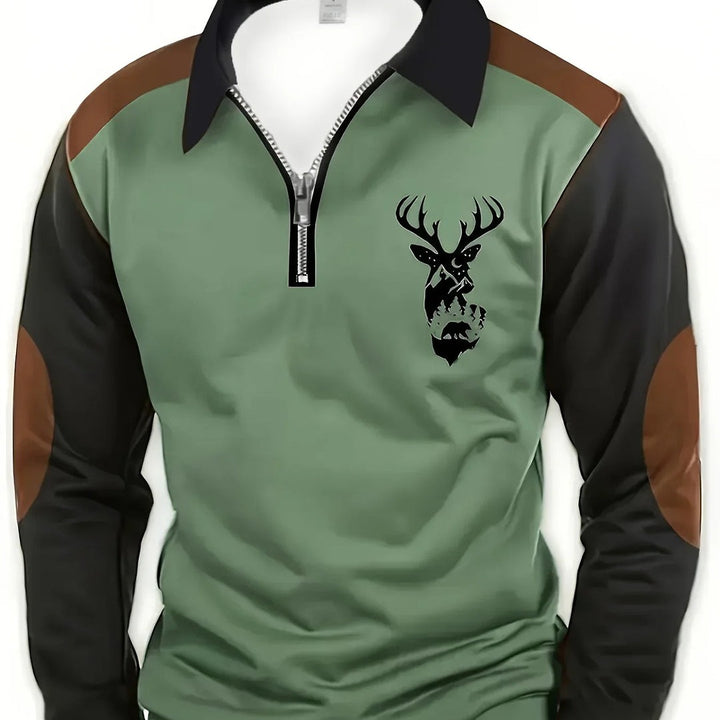 Maglione Uomo con Mezza Zip, Toppe sui Gomiti e Cervo Stampato in verde