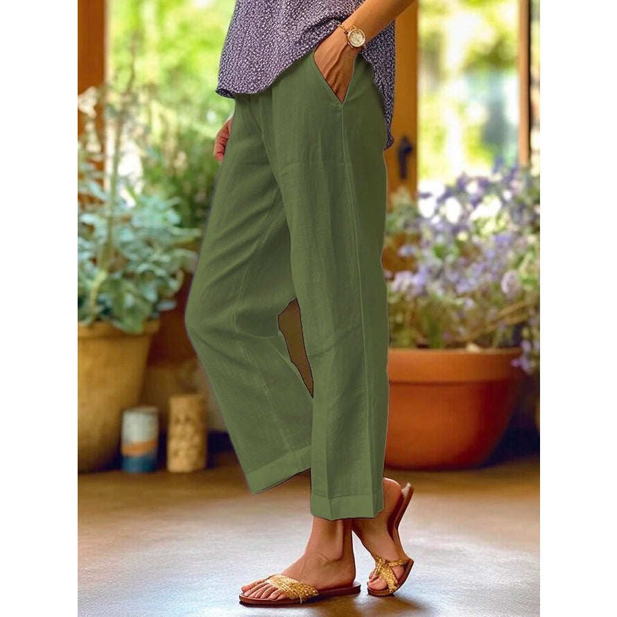 Pantaloni Donna a Gamba Dritta con Tasche in verde oliva